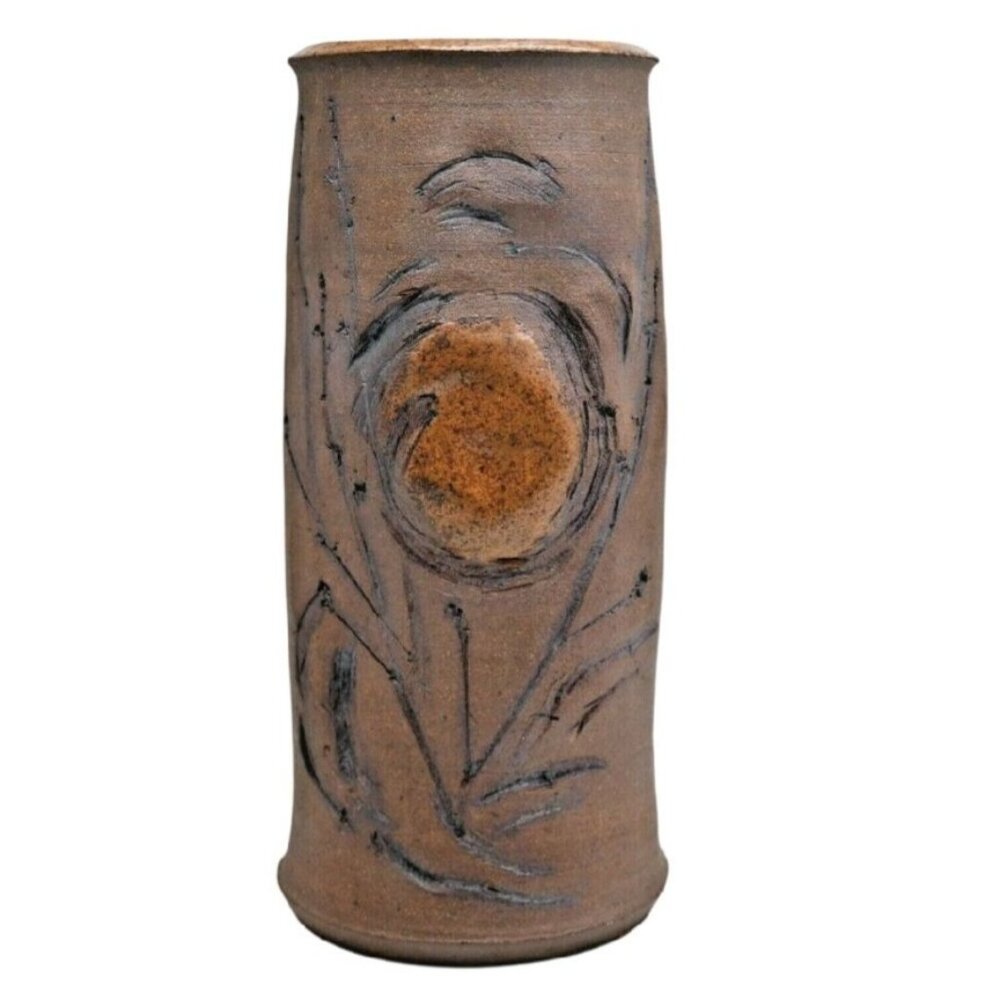 Vintage 1980s Mexican Stoneware Vase Hand Thrown Signed RJT Pottery